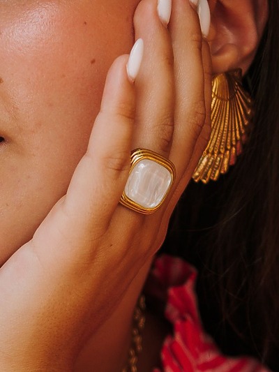 Bague acier inoxydable doré femme avec pierre blanche